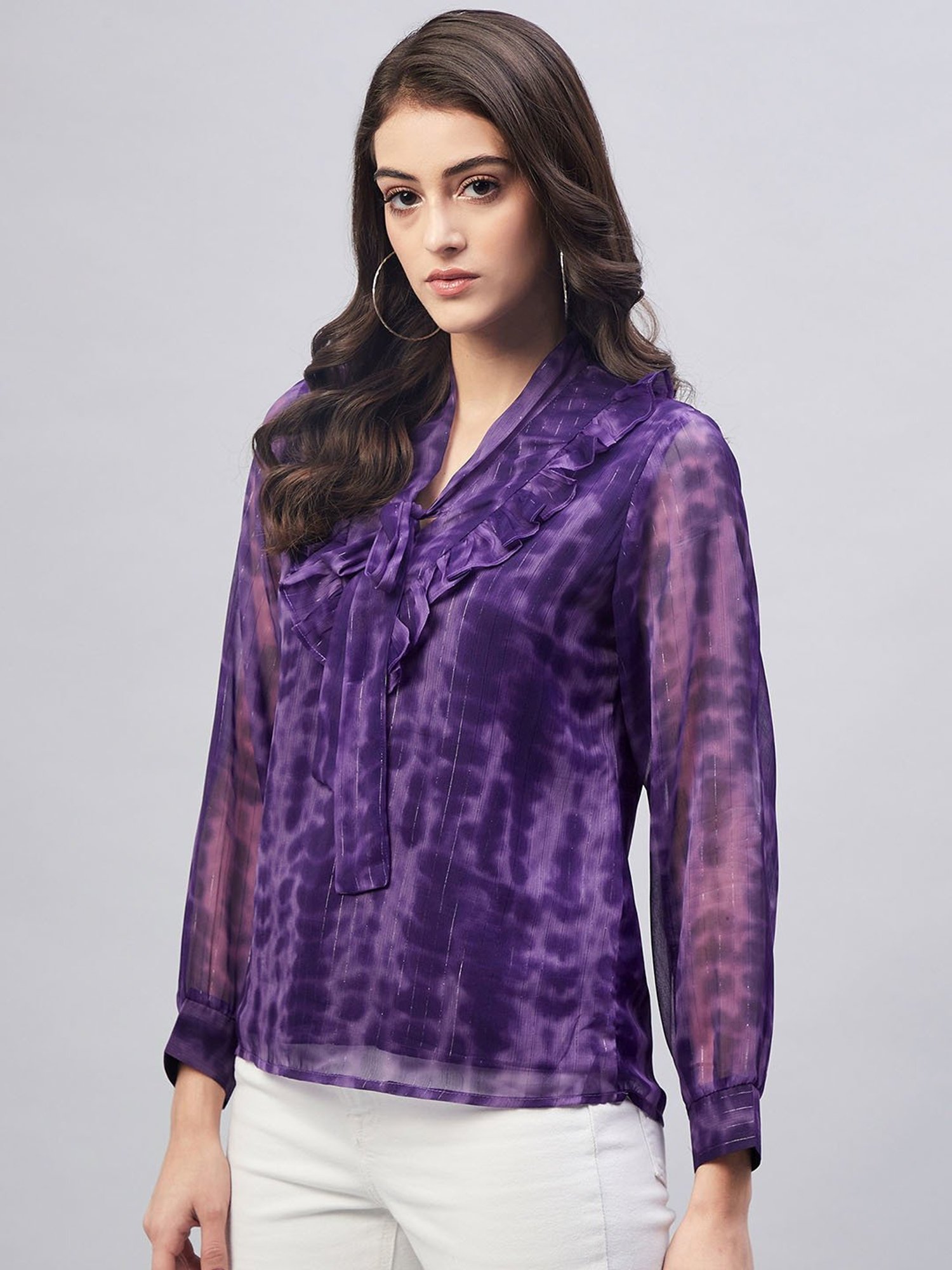 Marie Claire Purple Tie - Dye Tie-Up Neck Ruffles Top