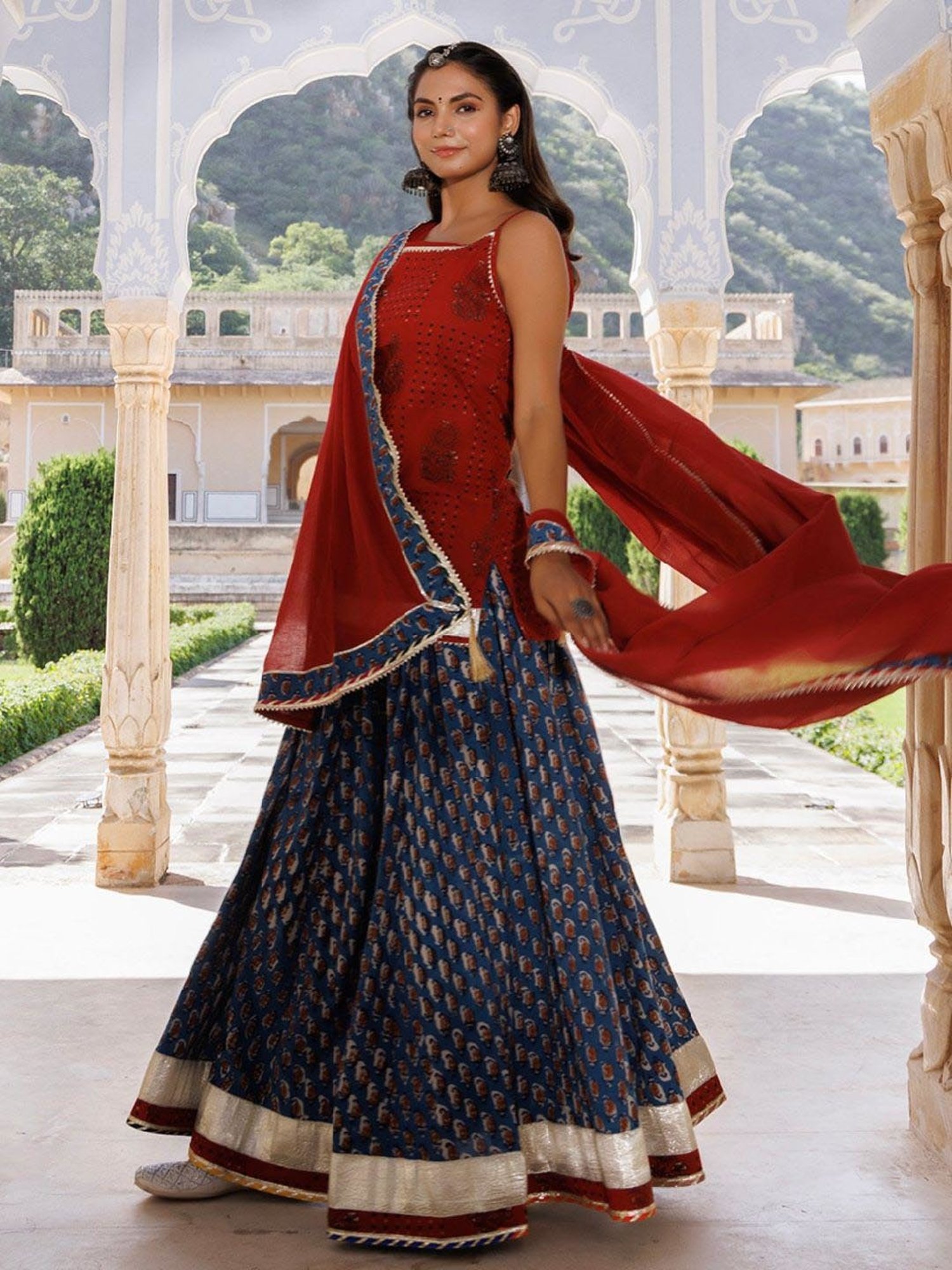 Geroo Jaipur Indigo-Red Pure Cotton Hand Block Printed Skirt Set