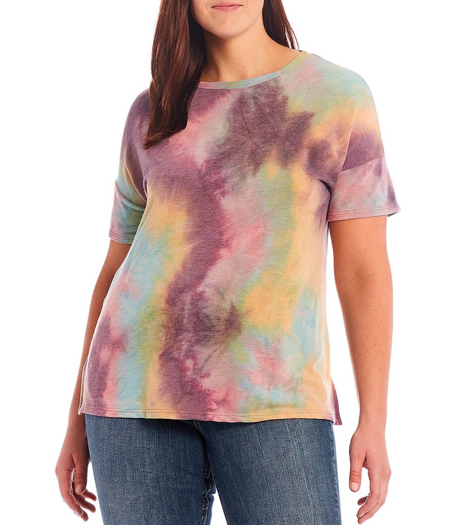 Moa Moa Plus Size Multi Tie-Dye Knit Jewel Neck Drop Shoulder Short Sleeve Top