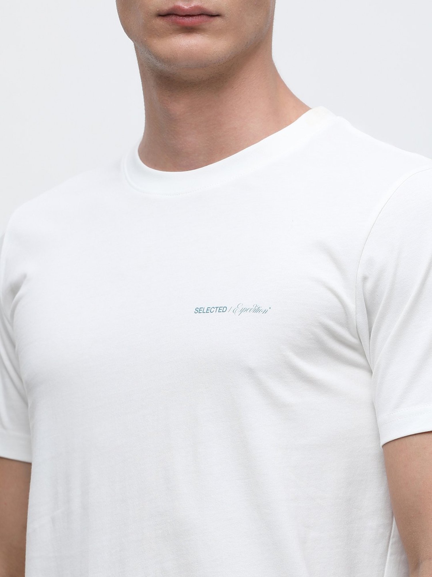 SELECTED HOMME White Slim Fit Printed Cotton Crew T-Shirt