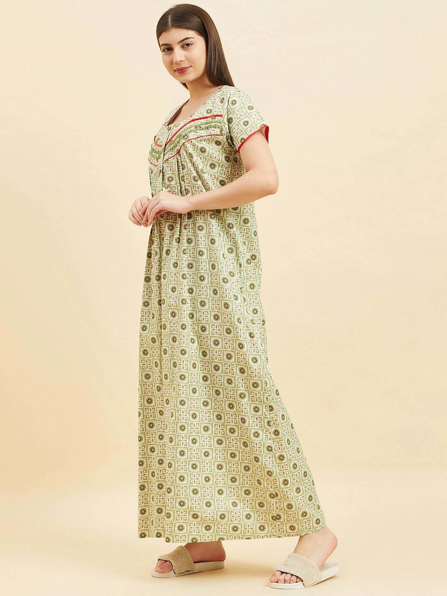 Sweet Dreams Pista Green Cotton Printed Night Gown