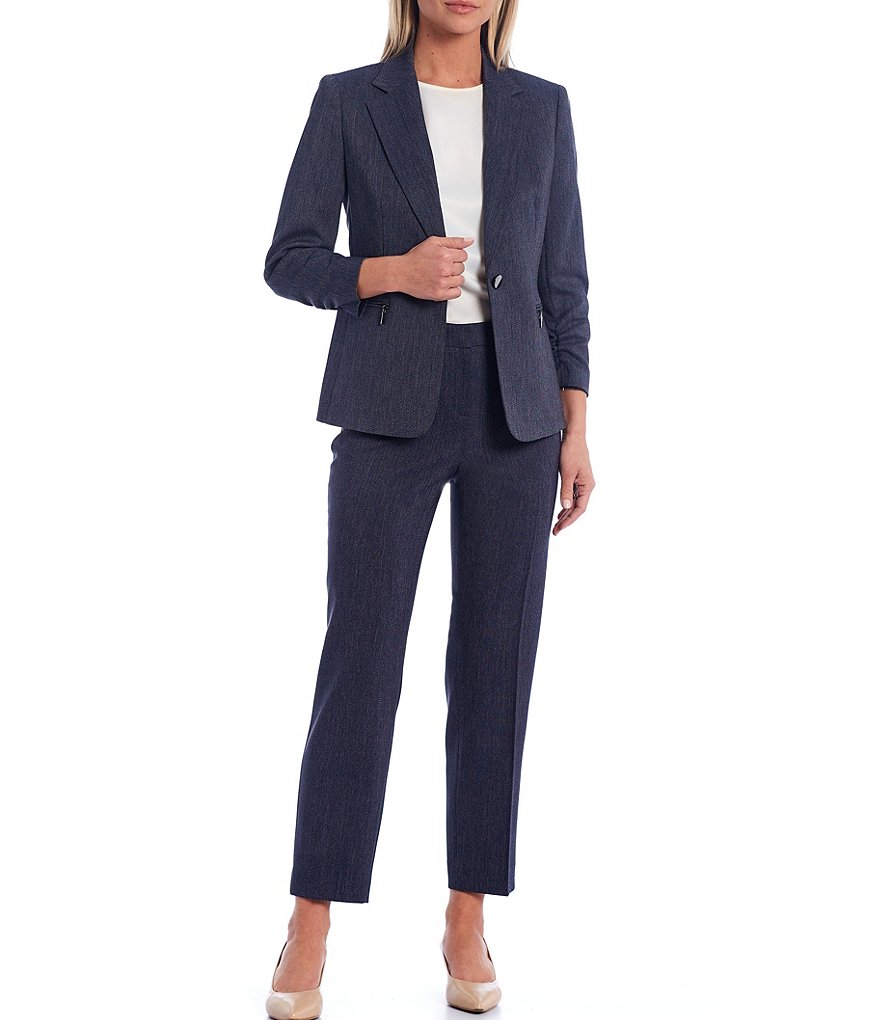 Kasper Ruched Sleeve Zip Pocket One Button Two Way Stretch Denim Jacket