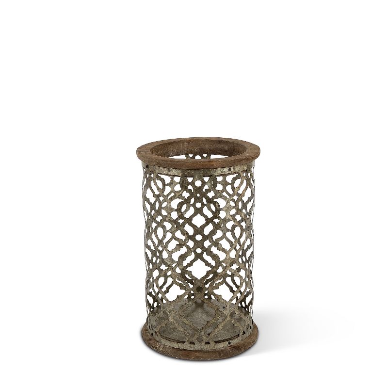Everlasting Glow 12.99-Inch Tall Wood and Metal Flameless Candle Holder with Die-Cut Ogee Pattern