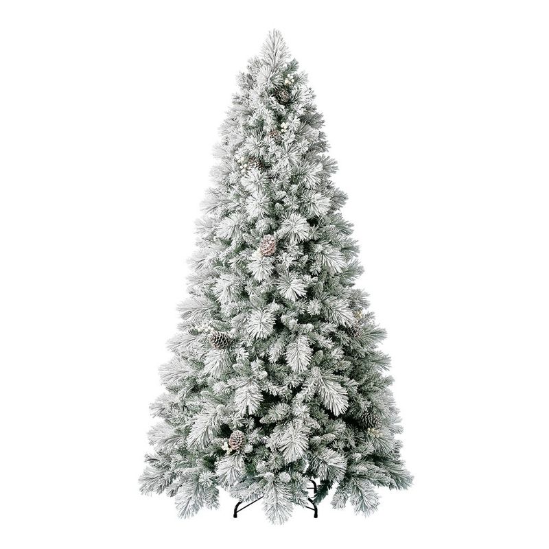 Home Heritage Snowdrifted Flocked 7.5 Foot Prelit Pine Artificial Christmas Tree with Lights, Pine Cones, and White Berries