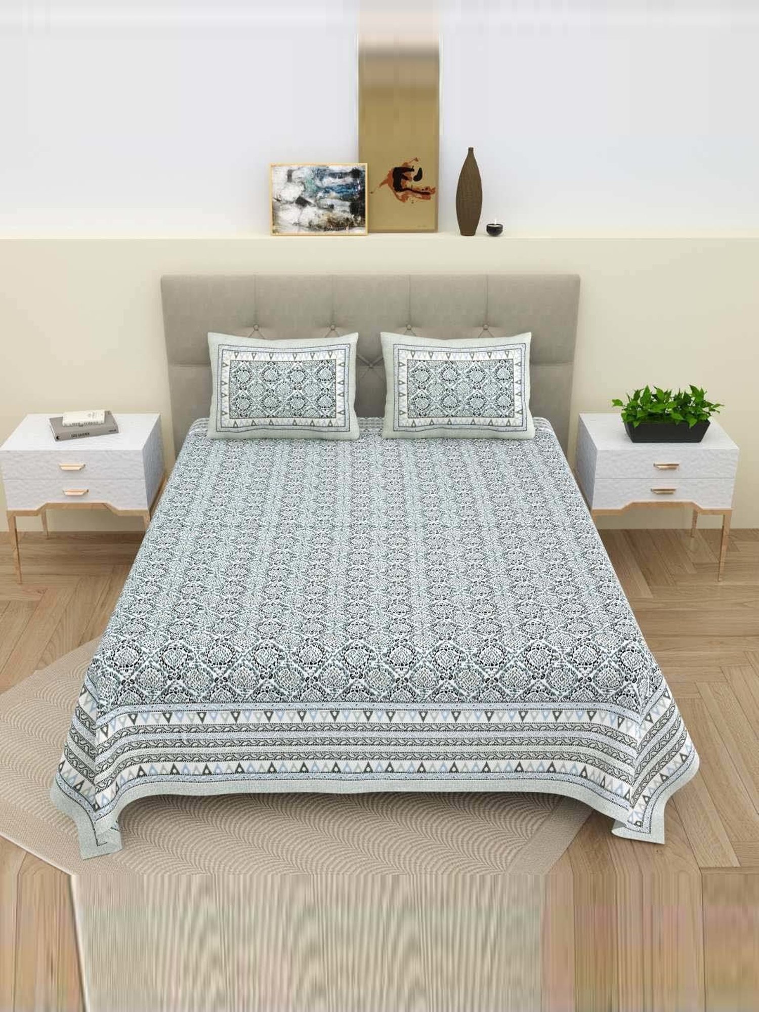 Bella Casa Ethnic Collection Grey Cotton 180 TC Bedsheet with 2 Pillow Covers