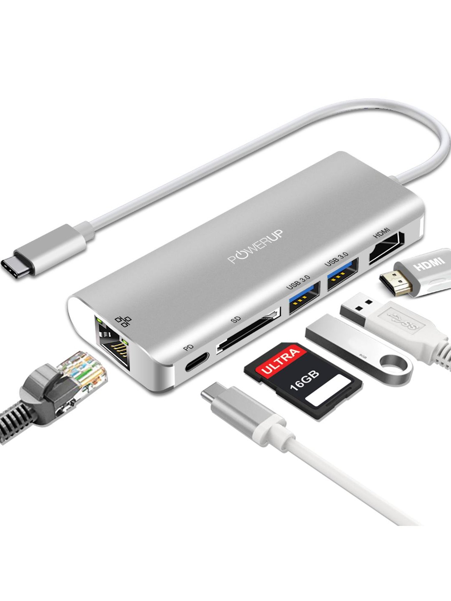 Powerup Elite Plus 6 in 1 Multi-Port Adapter for Macbook Pro (Silver)