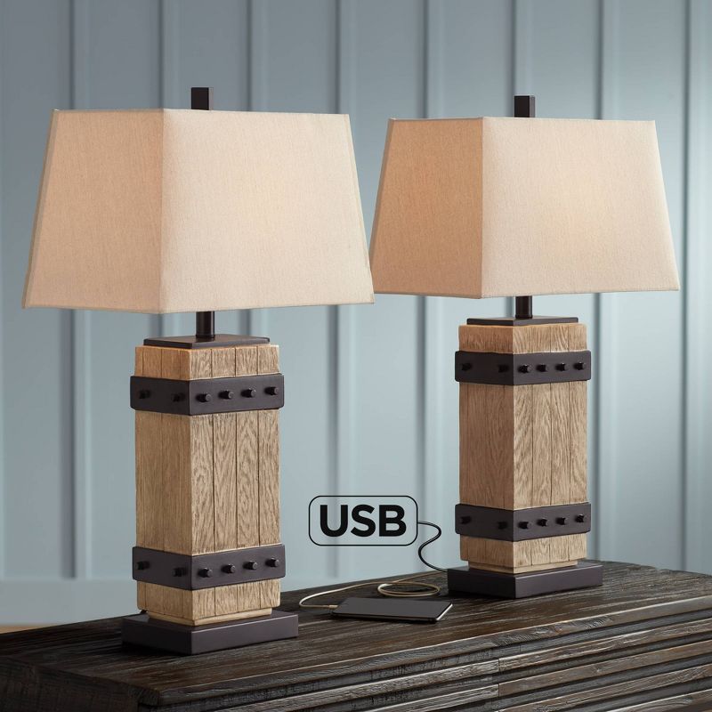 John Timberland Rustic Table Lamp Set of 2 Faux Wood Faux Iron Off White Tapered Rectangular Shade for Living Room Bedroom Bedside