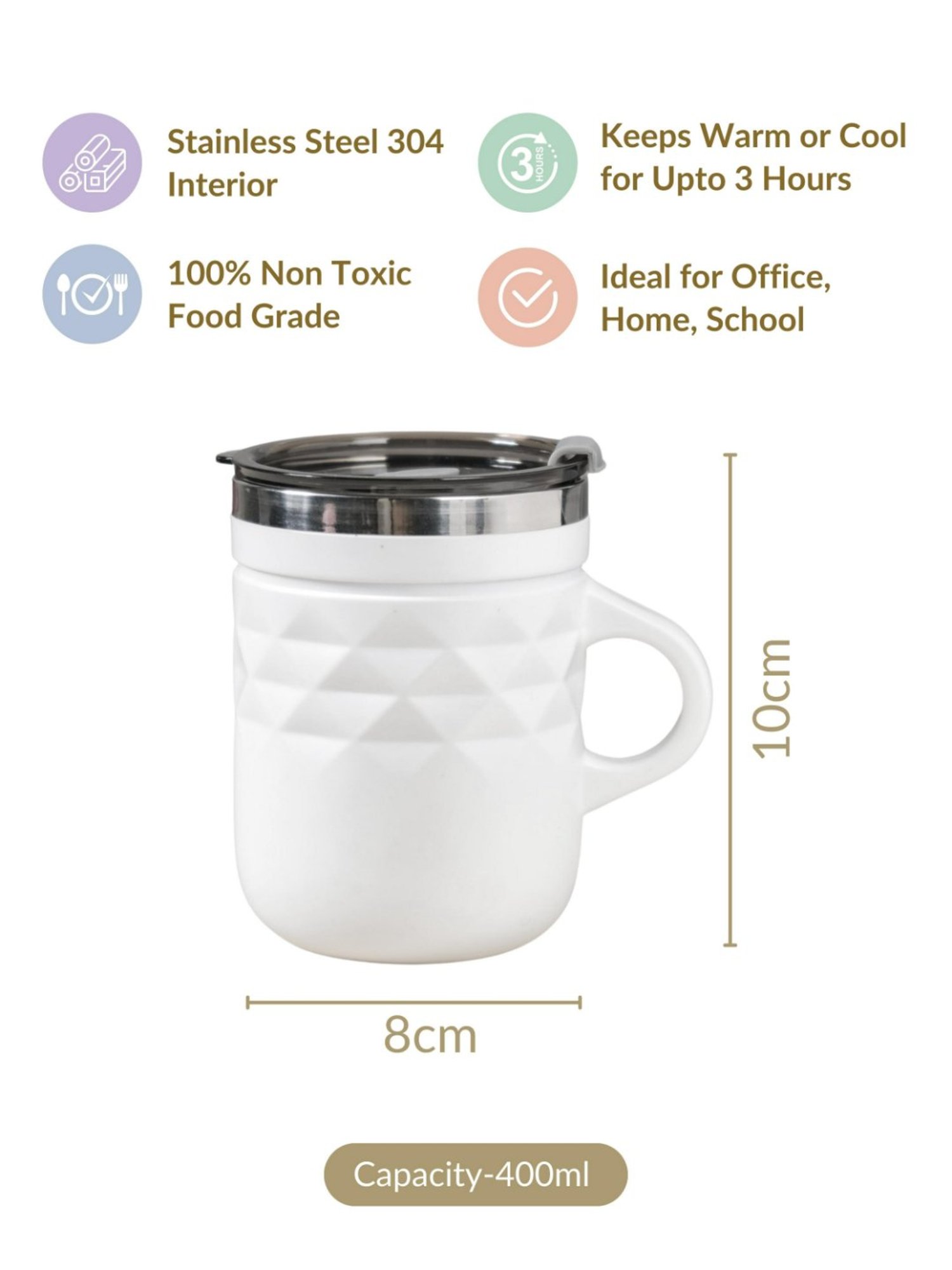 Nestasia Matte White Stainless Steel Double Insulated Spill Proof Travel Tea & Coffee Mug (400 ML)