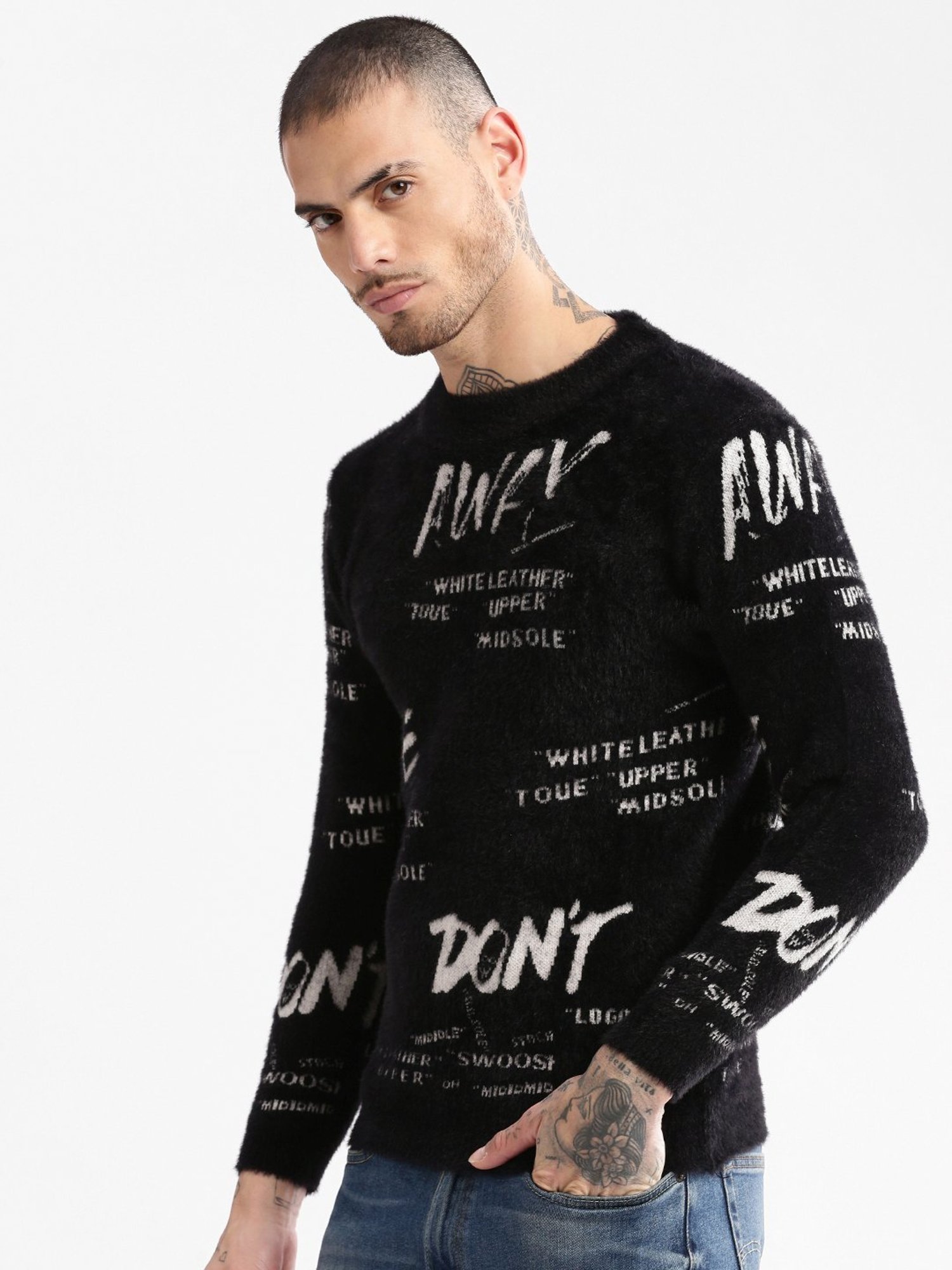 Showoff Black Slim Fit Printed Sweater