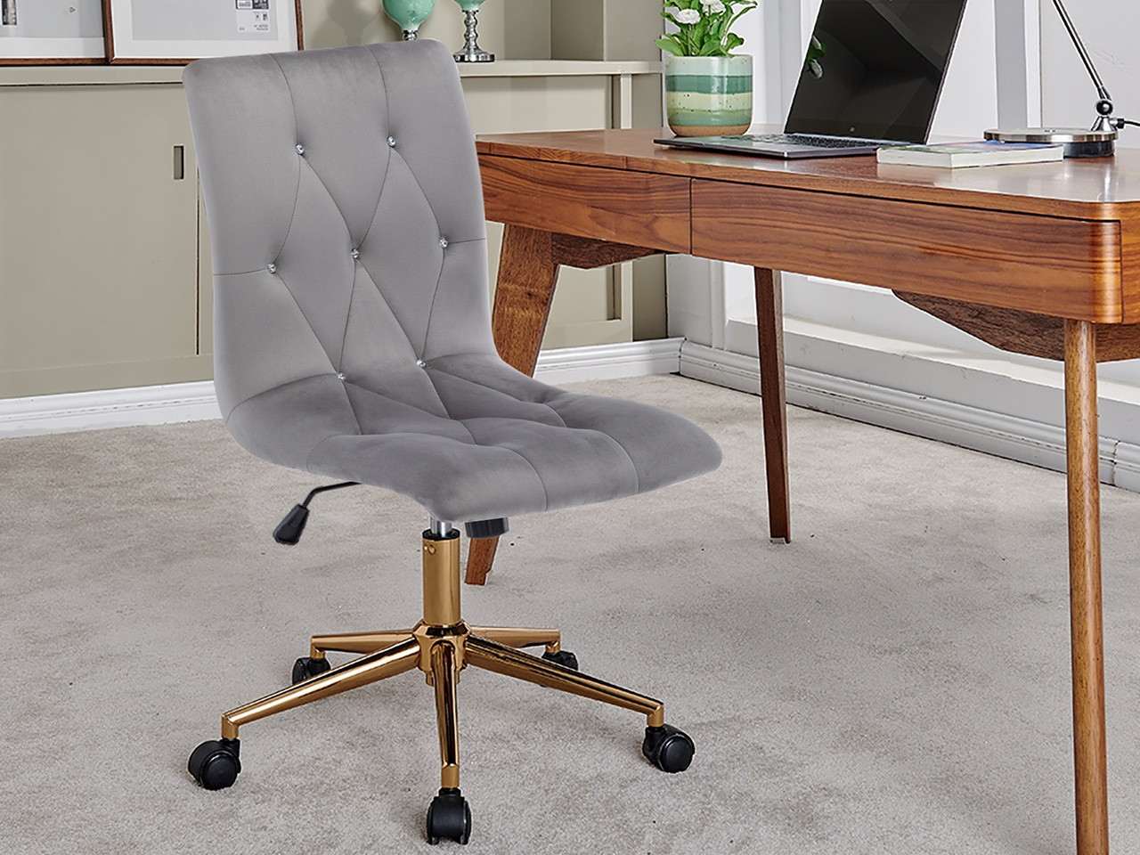 Swivel Height Adjustable Task Chair Armless Velvet Tufted Office Chair