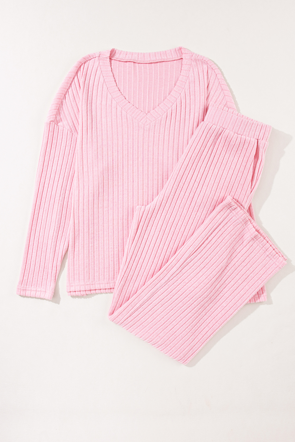Light Pink Slouchy Ribbed Knit V Neck Top & Pants Loungewear Set