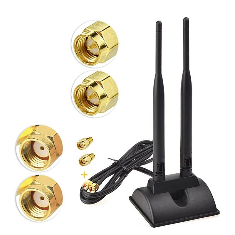 24GHz 5GHz Dual Band WiFi Antenna RPSMA Male Connector with SMA Male to RPSMA Female Adapter 2Pack for PCIE WiFi Network Card USB WiFi Adapter Wireless Router Hotspot