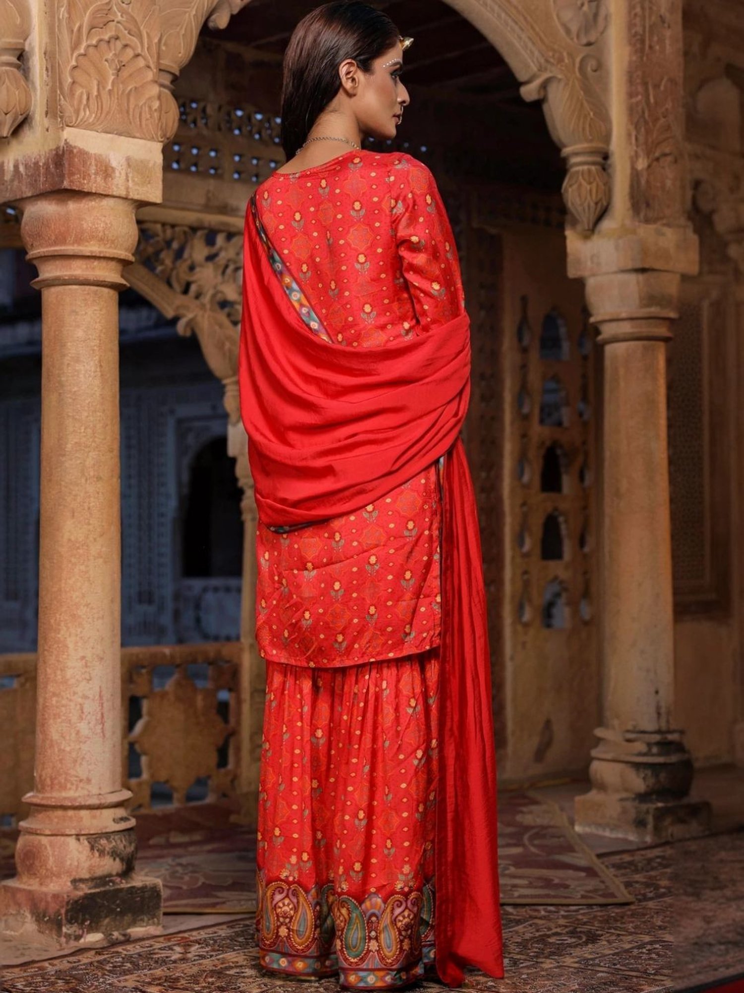 Scakhi Red Dola Silk Jacquard Sharara Set Tunic With Sharara And Dupatta