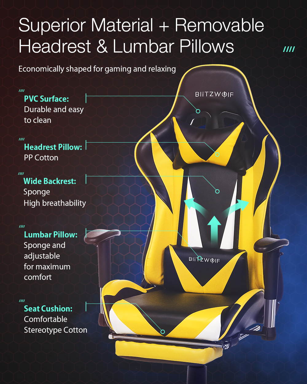 Gaming Chair Office Chair High Back Computer Chair Ergonomic Design 180&deg;Reclining Adjustable Armrest Footrest Widen Backrest Home Office - Yellow