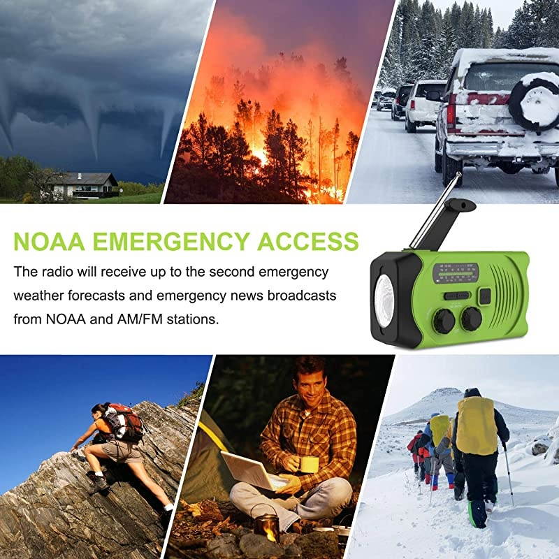 Emergency Solar Hand Crank Portable Radio NOAA Solar Hand Crank Portable Radio with MFM LED Flashlight Reading Lamp 2000mAh USB Power Bank