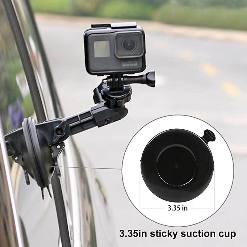 Suction Cup Camera Car Mount with Tripod Adapter and Phone Holder for GoPro Hero 8765 Black4 Session4 Silver3+iPhoneDJI Osmo ActionSamsung GalaxyGoogle Pixel and More