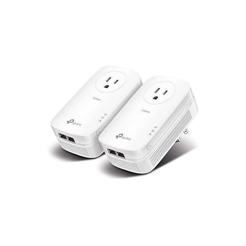 AV2000 Powerline Adapter 2 Gigabit Ports Ethernet Over Power PlugampPlay Power Saving 2x2 MIMO Noise Filtering Extra Power Socket for other Devices Ideal for Gaming TLPA9020P KIT