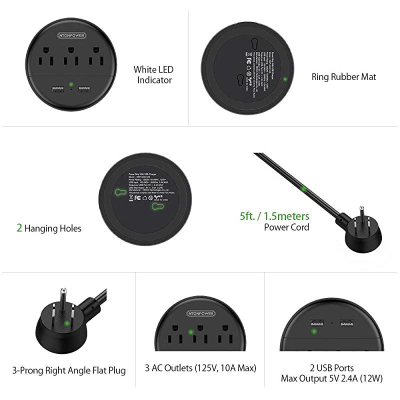 Power Strip with USB  Travel Power Strip Flat Plug 3 Outlets and 2 USB Ports Desktop Charging Station with 5ft Extension Cord Wall Mount Compact for Cruise Ship Nightstand and Office