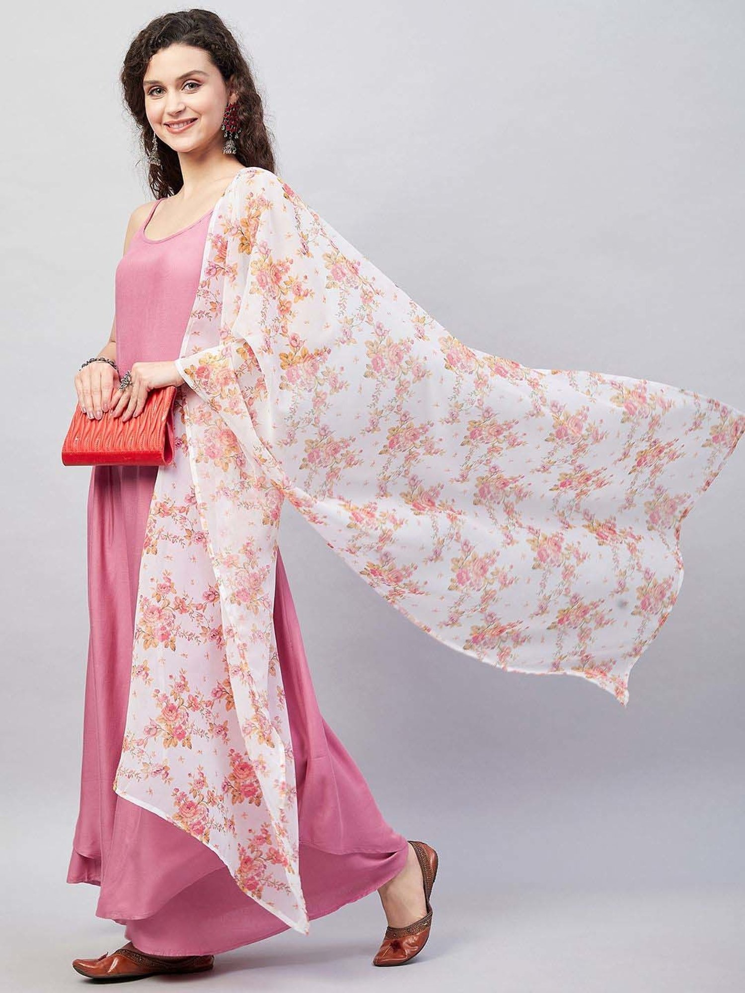 Inweave White & Orange Floral Print Dupatta