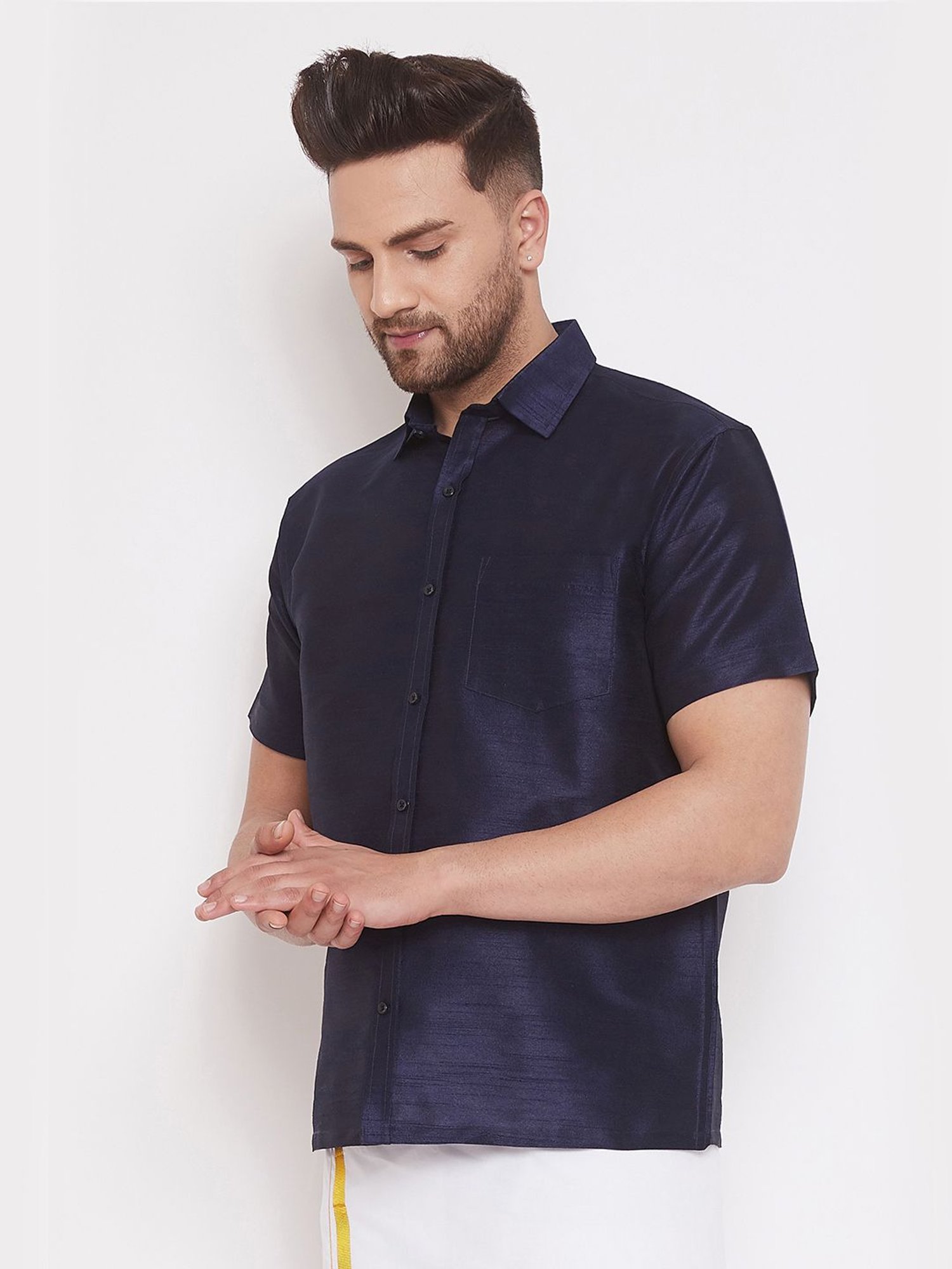 VASTRAMAY Navy Straight Fit Self Pattern Shirt