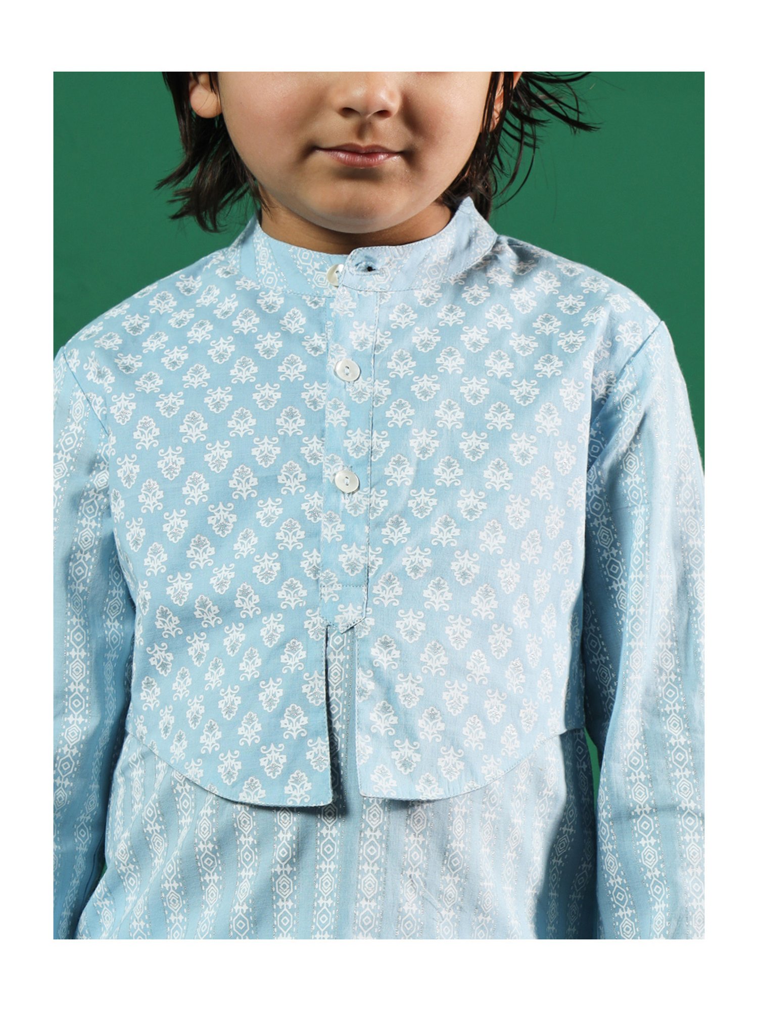 READIPRINT FASHIONS Kids Blue & White Printed Full Sleeves Jacket Style Kurta with Pyjamas