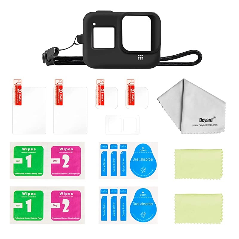 Accessories Kit Compatible with GoPro Hero 8 Black, with Silicone Rubber Protective Case + 4pcs Ultra Clear Tempered Glass Screen Protector + 2pcs Display HD Lens Protector