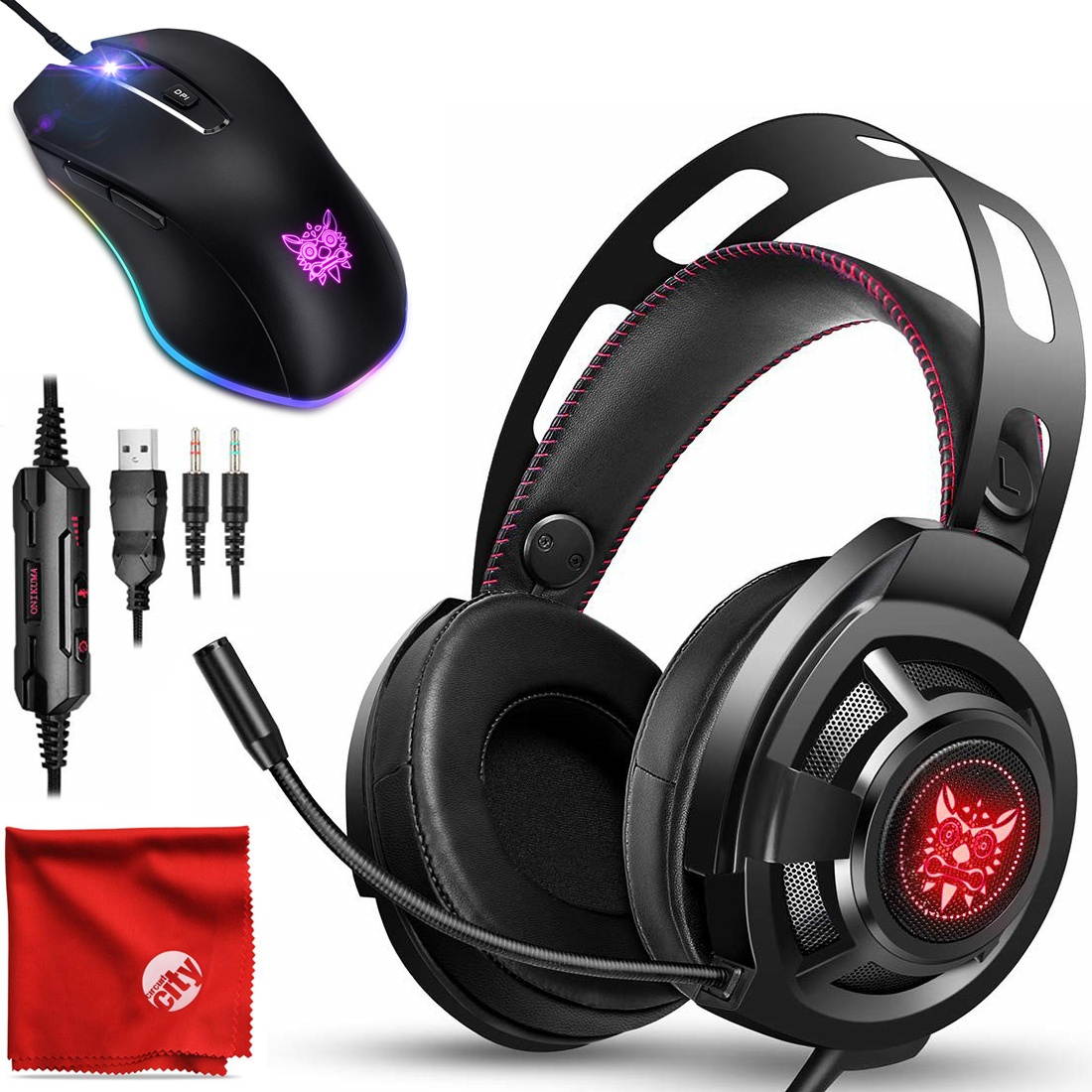ONIKUMA M190 RGB LED Light Pro Over-Ear 7.1 Surround Sound Noise Cancelling Gaming Headset Headphones Microphone Bundle with 8000 DPI RGB Wired Mouse for PC, MAC, Desktop, Laptop Computer