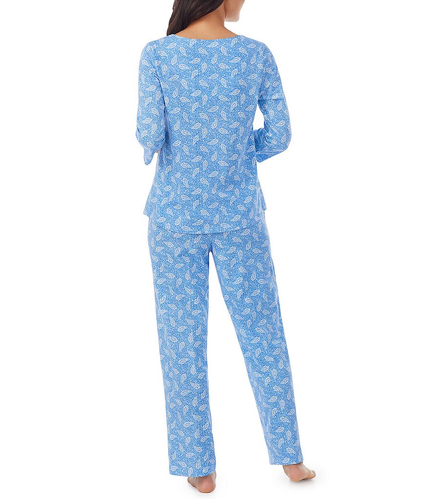 Carole Hochman Distressed Paisley Print V-Neck 3/4 Sleeve Drawstring Tie Jersey Knit Coordinating Pajama Set
