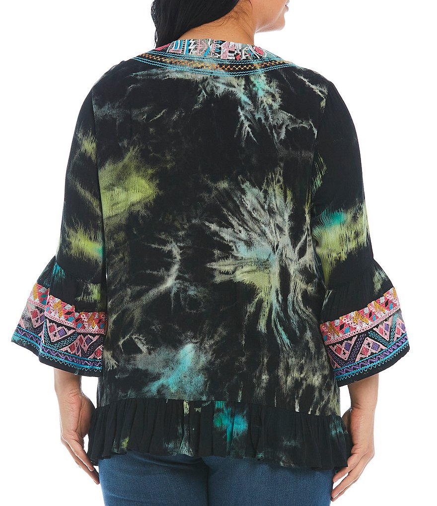 Calessa Plus Size Split Round Neck 3/4 Bell Sleeve Tie Dye Embroidery Tunic