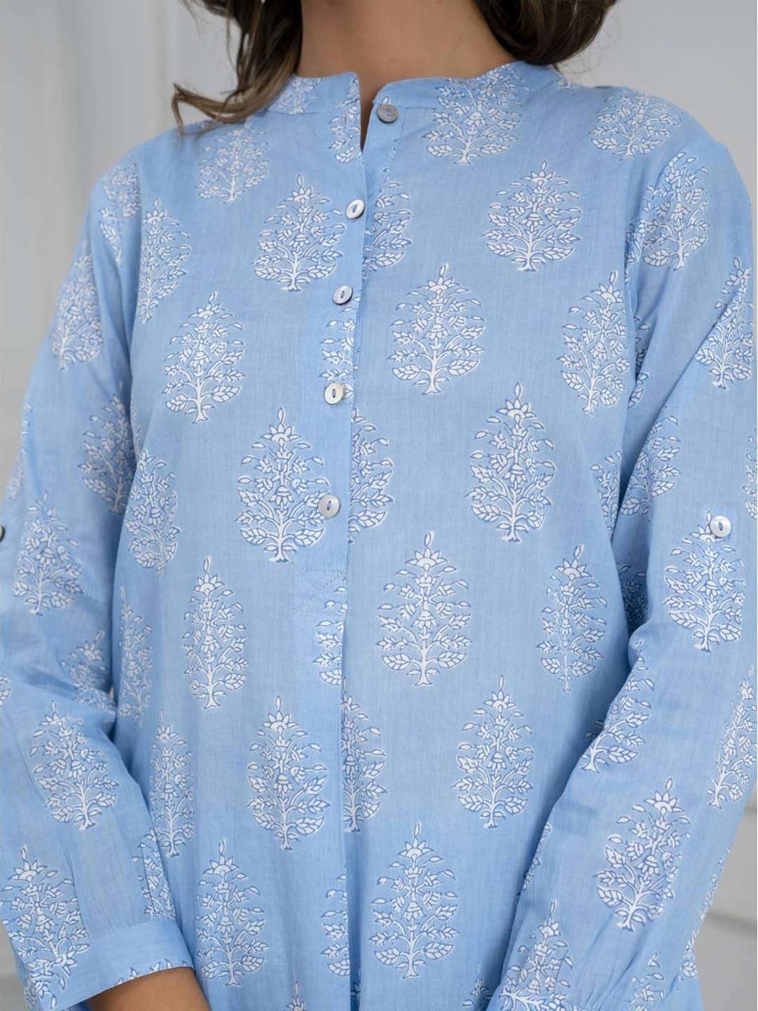 Ekohum Blue Cotton Printed Loose Fit Up-Down Kurta with Pant Co-Ord Set