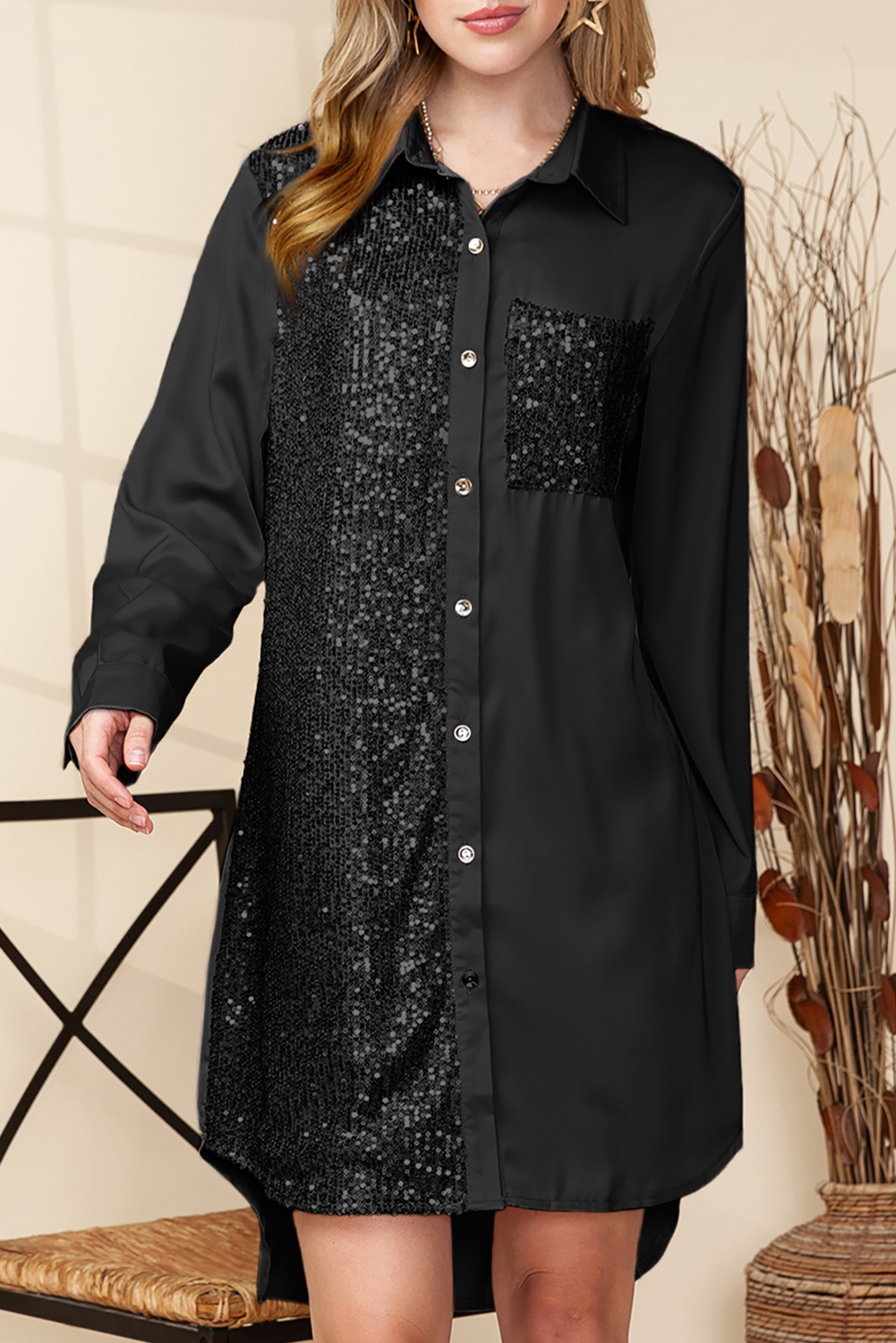 Cheetah Casual Long Sleeve Button Up Shirt Dress