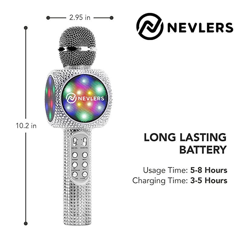 Karaoke Microphone with Wireless Bluetooth Speaker Voice Changer and Colorful LED Lights Easy To Use Portable Karaoke Machine for Kids and Adults SILVER BLING