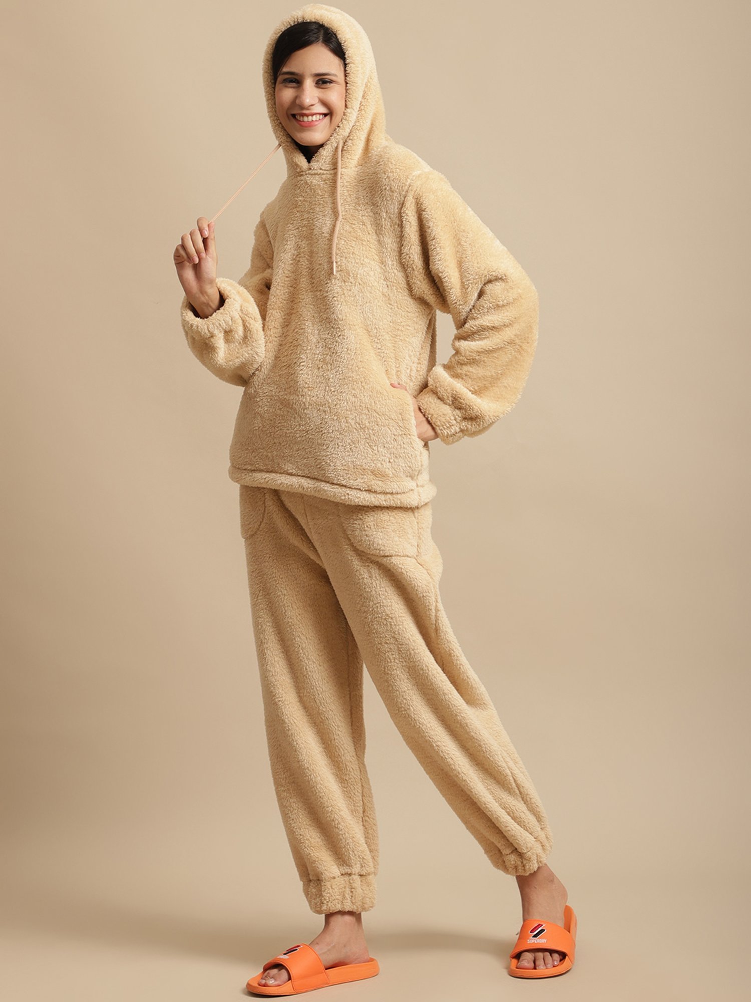 Secret Wish Beige Hoodie With Lounge Pants