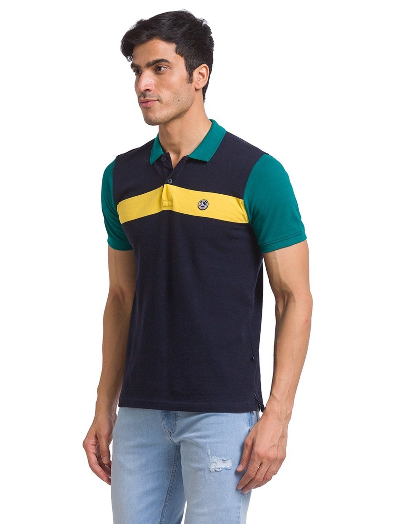 Parx Blue Cotton Regular Fit Printed Polo T-Shirt