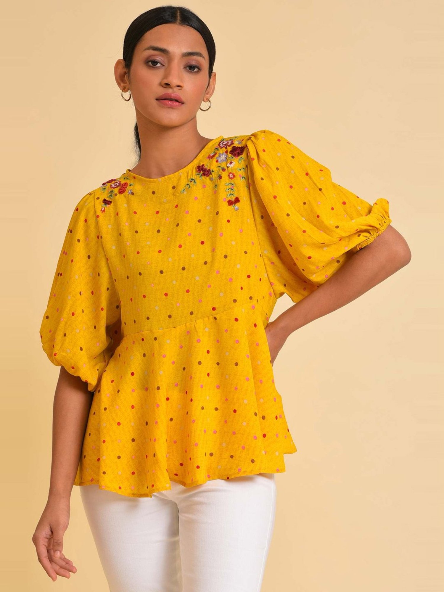 W Yellow Embroidered Top