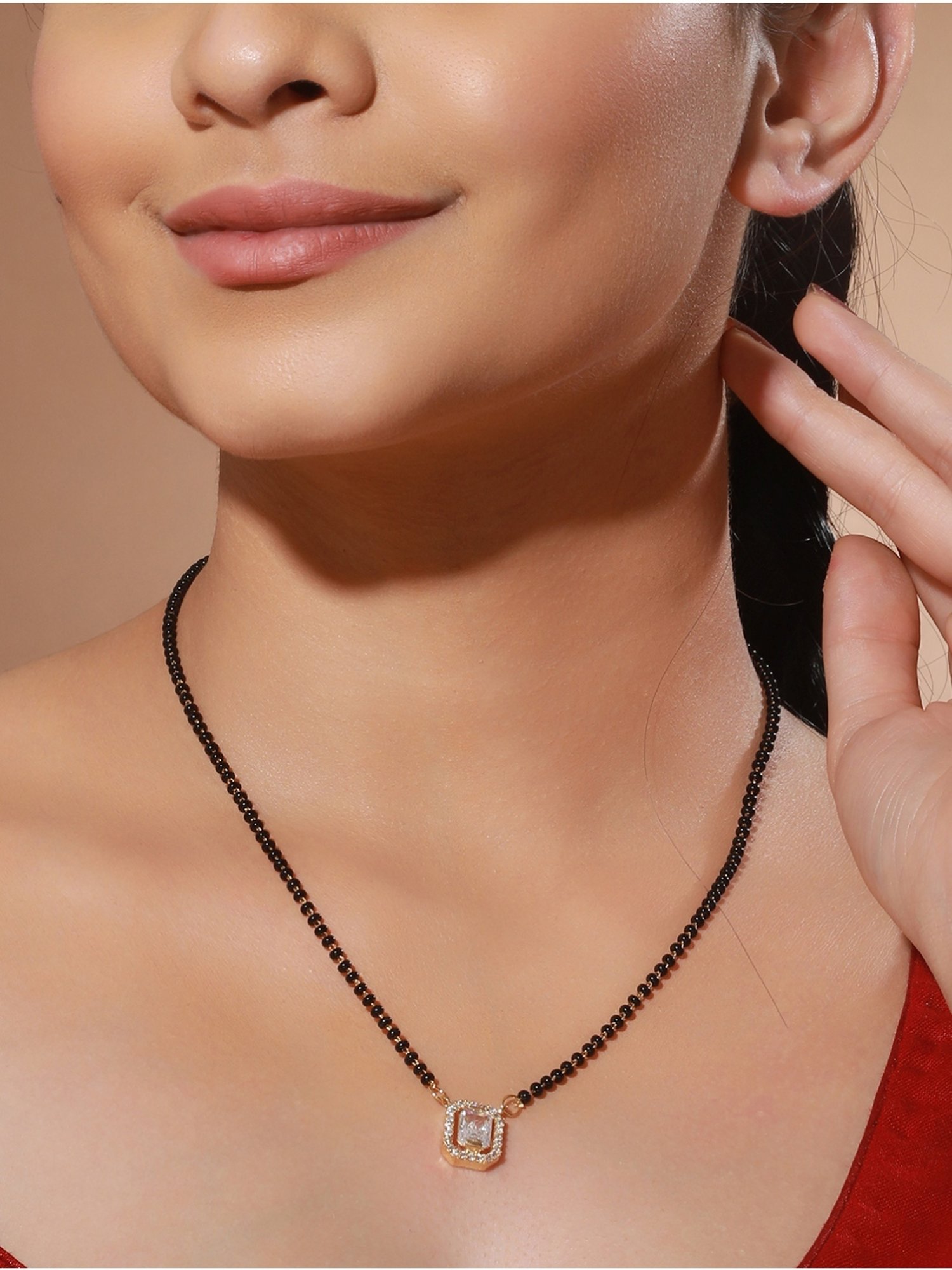 Priyaasi Studded Block AD Black Beads Gold-Plated Mangalsutra