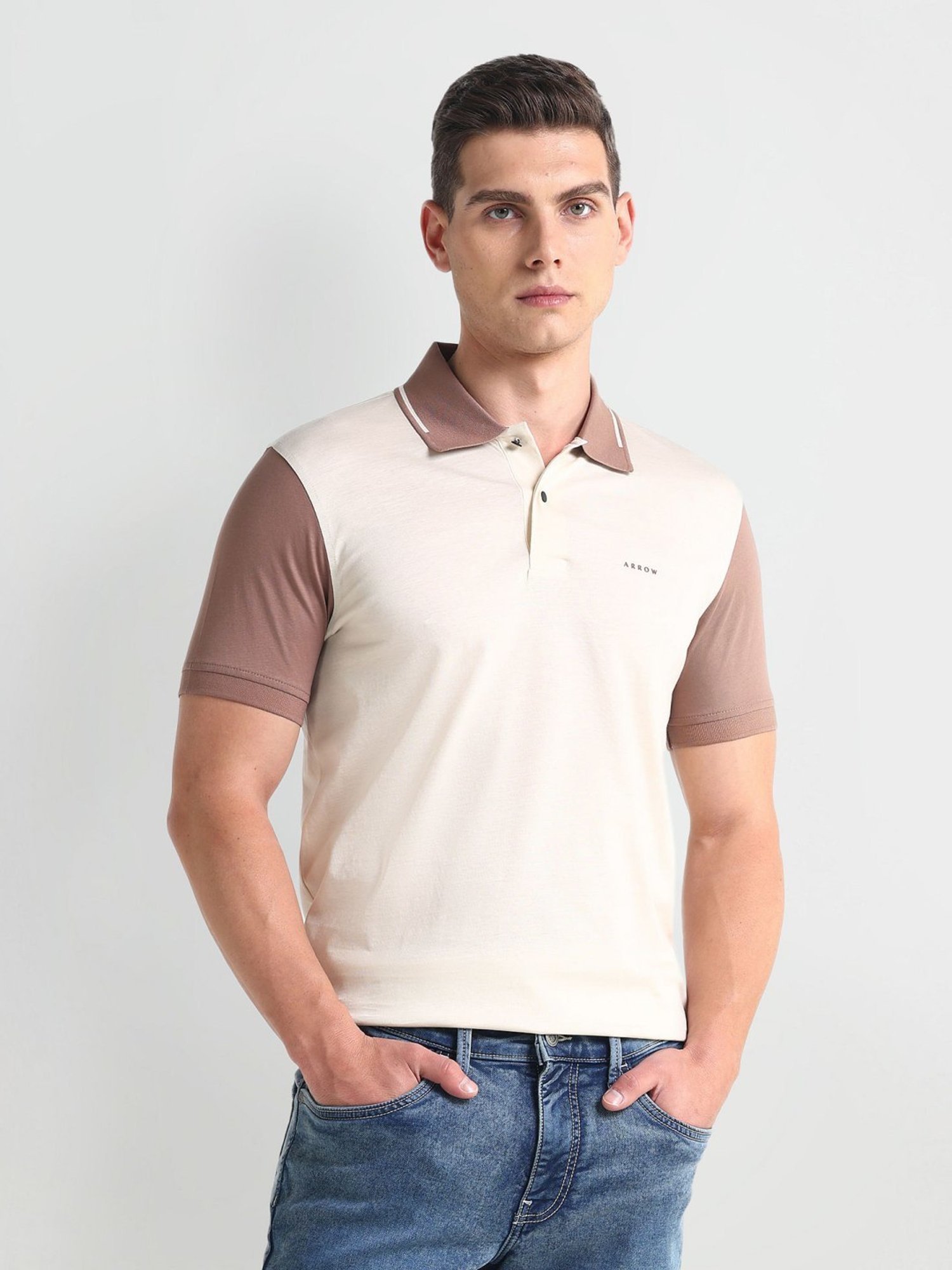 Arrow Newyork Beige Cotton Regular Fit Colour Block Polo T-Shirt