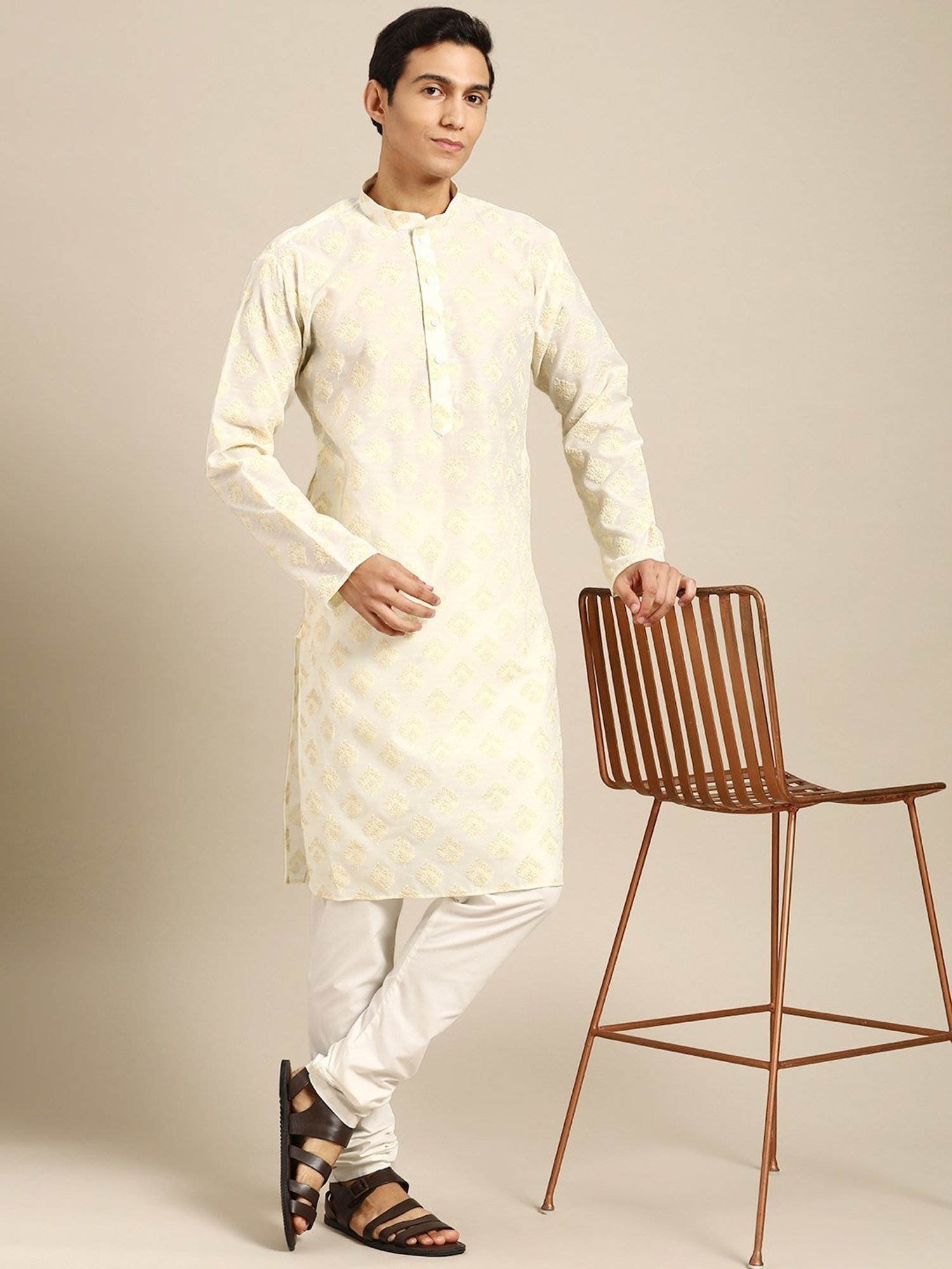 ManQ Cream Regular Fit Printed Kurta Bottom Set