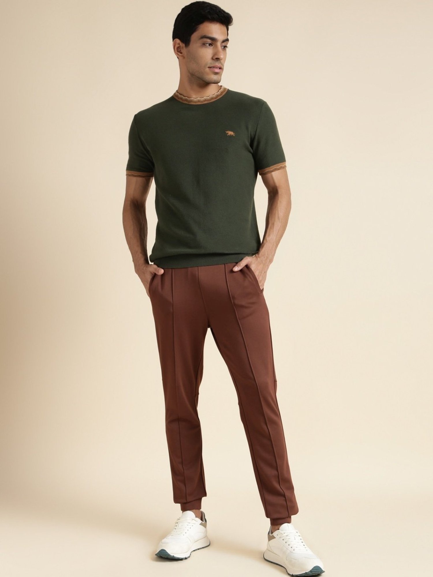 Andamen Olive Regular Fit Self Pattern T-Shirt