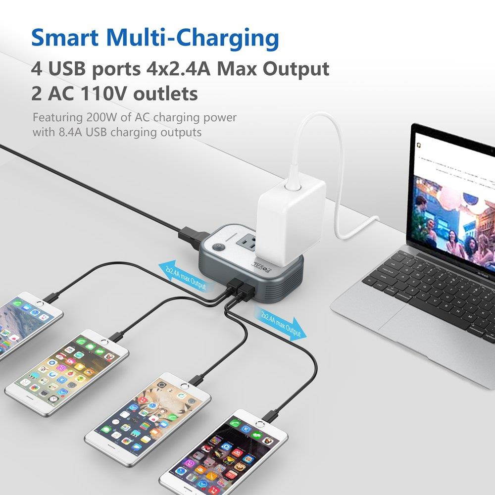 Foval Power Step Down 220V to 110V Voltage Converter with 4-Port USB International Travel Adapter for UK European Etc - [Use for US appliances Overseas]