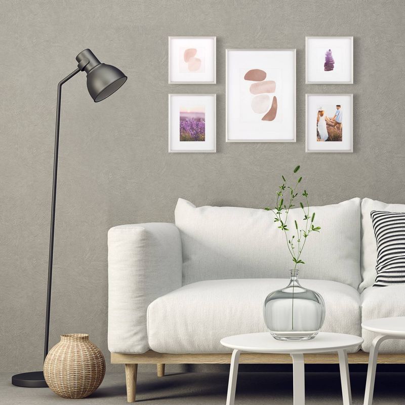 5pc Gallery Wall Frame Set with Decorative Art Prints and Hanging Template Silver - Gallery Solutions