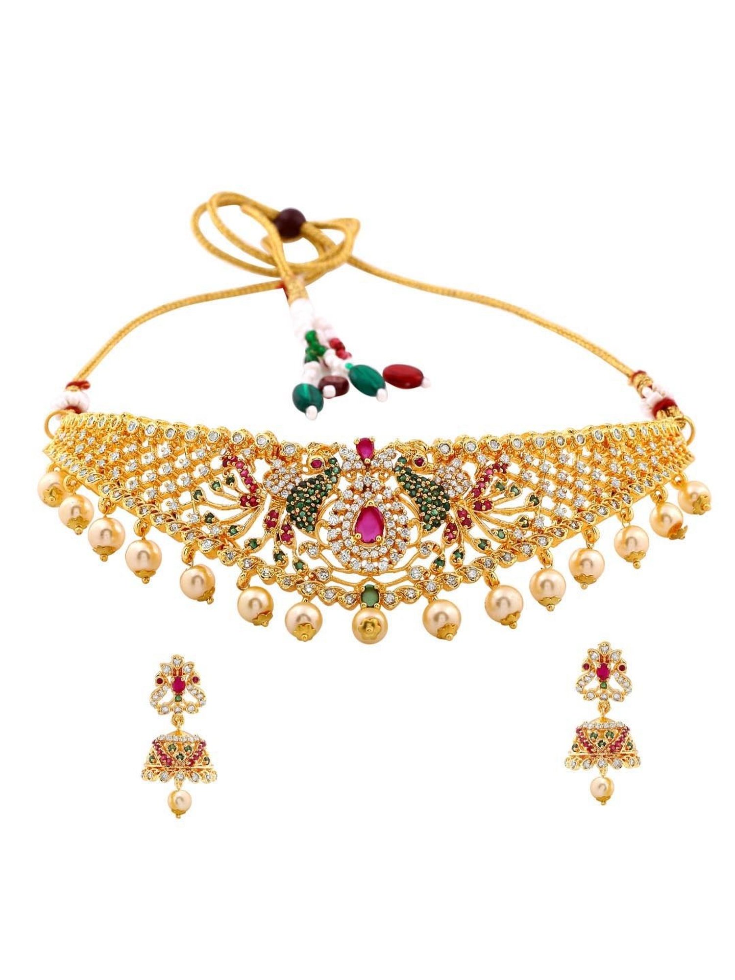 Estele Gold-Plated CZ Peacock Designer Bridal Choker Necklace Set with Pearls for Women
