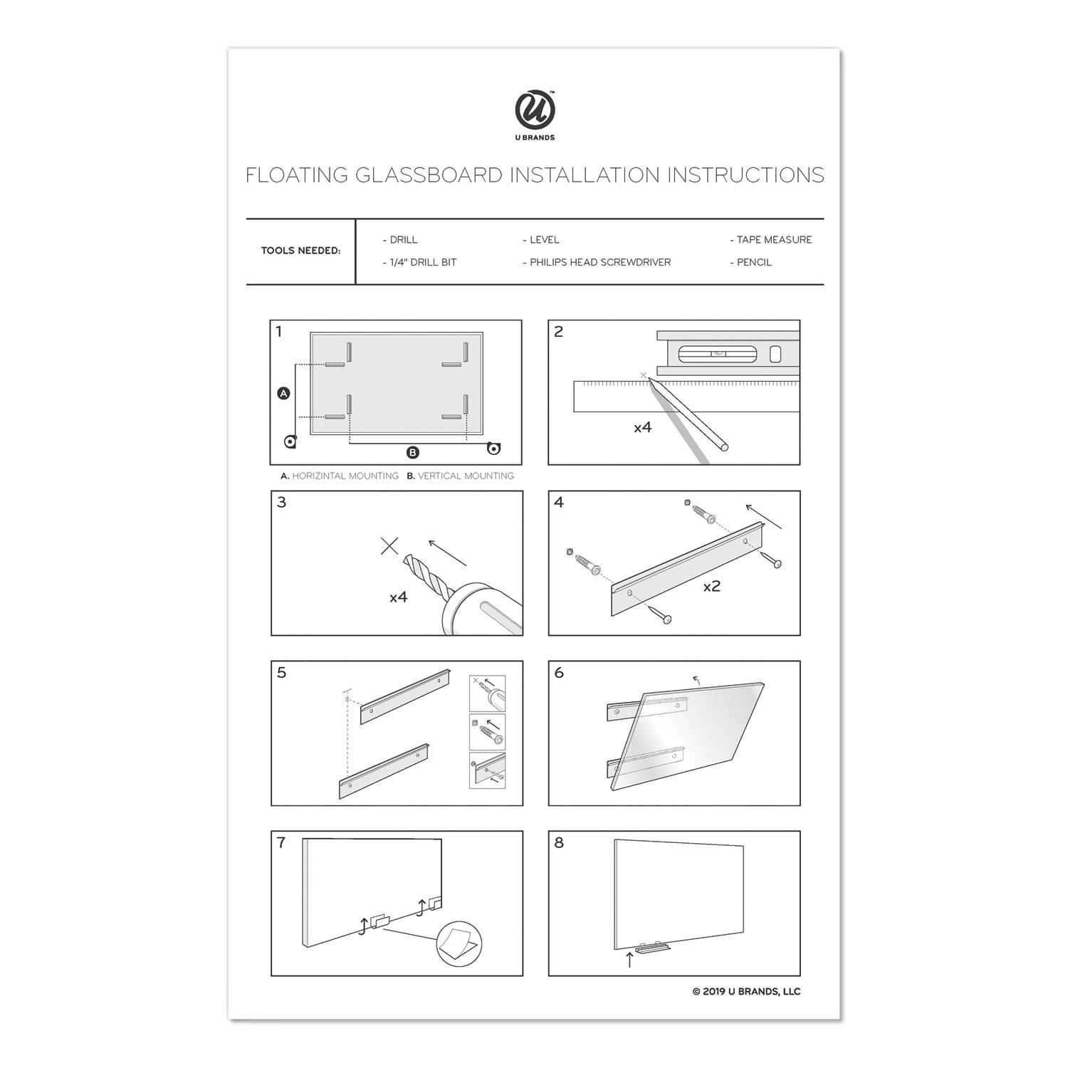 Floating Glass Ghost Grid Dry Erase Board, 48 x 36 Inches, White Frosted Surface, Frameless UBR2799U0001