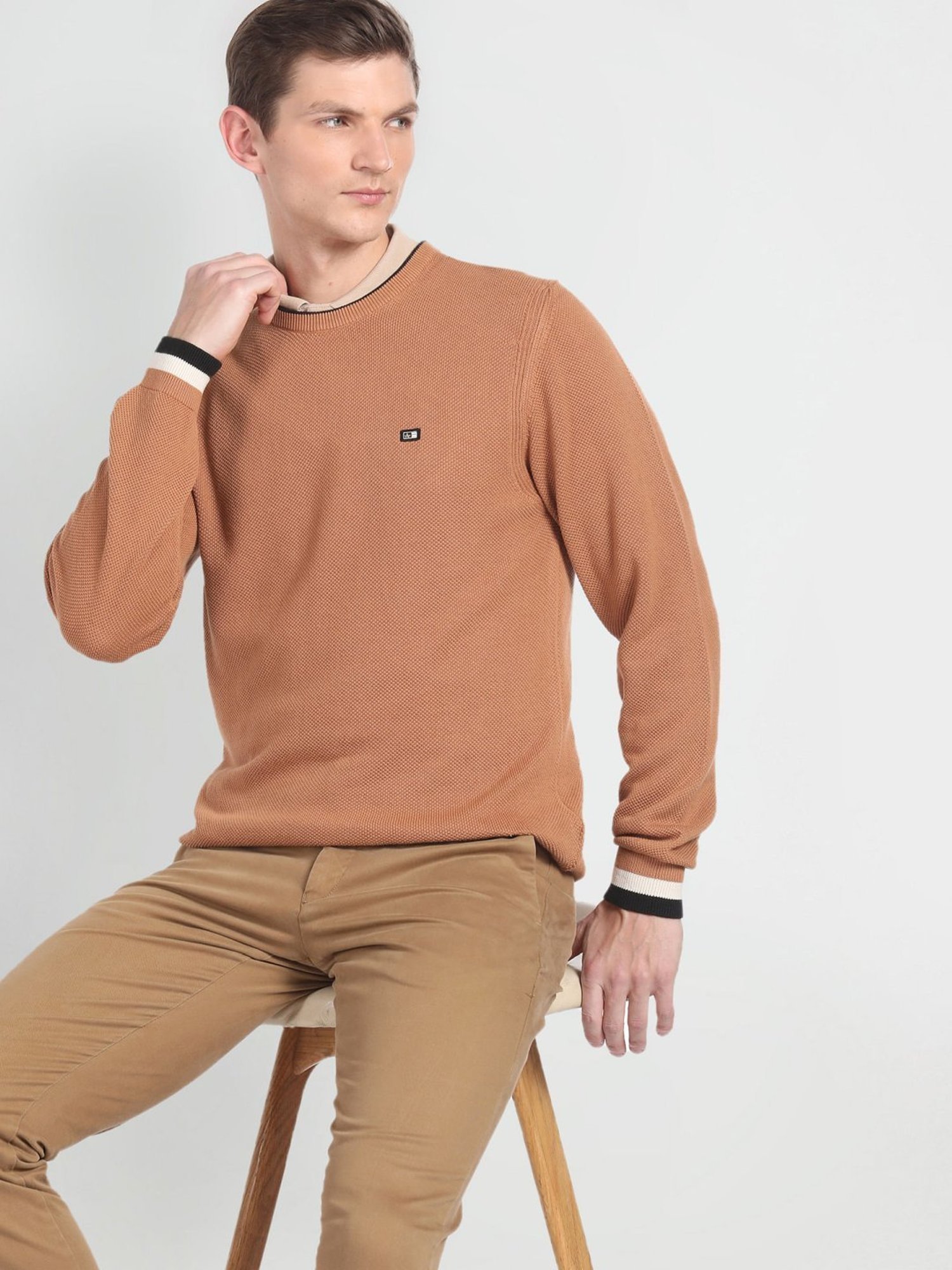 Arrow Sport Beige Regular Fit Self Pattern Sweater