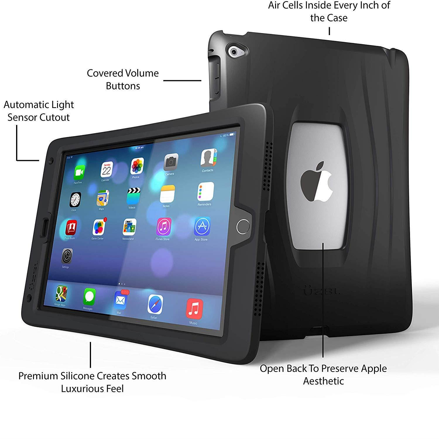 UZBL iPad 9.7 Case 2018/2017, AirWave Slim Lightweight Heavy Duty 1-Piece Silicone Case with Air Cell Drop Protection, for Apple iPad 5th / 6th Gen, Midnight Black