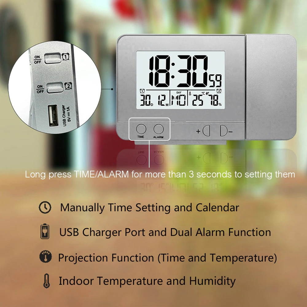Projection Alarm Clock for Bedroom with Thermometer Hygrometer Digital Project Ceiling Clock Dimmablewith Charger