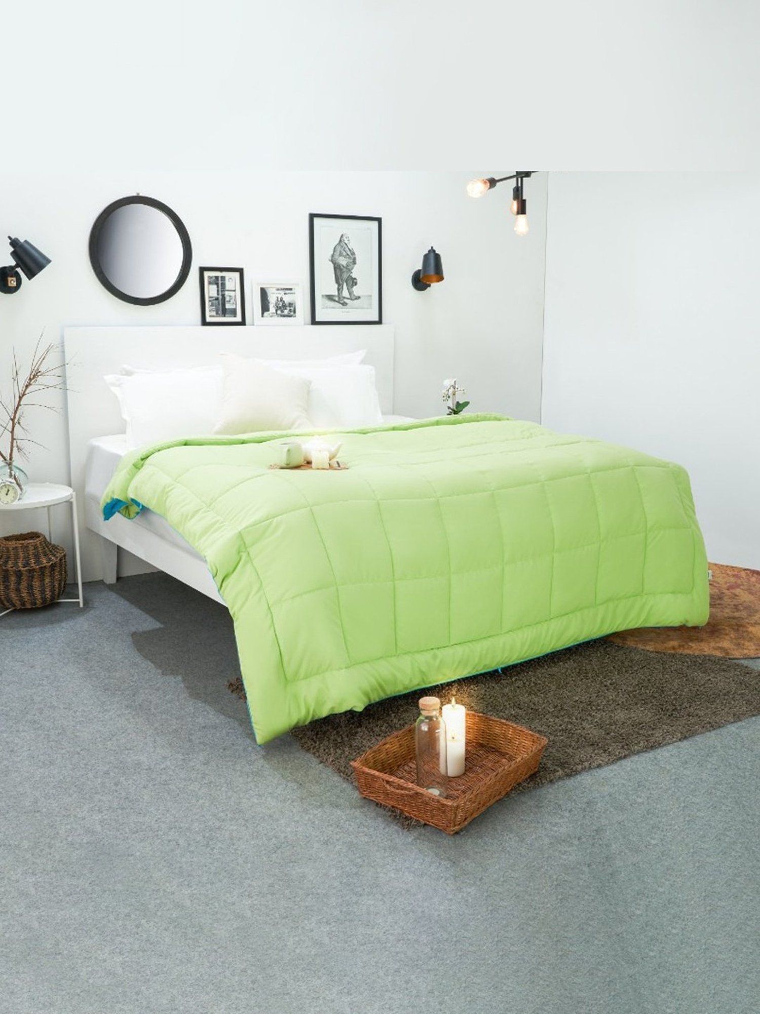 Spaces Silkysoy Solid Green & Blue 90 GSM Microfibre Double Bed Quilt