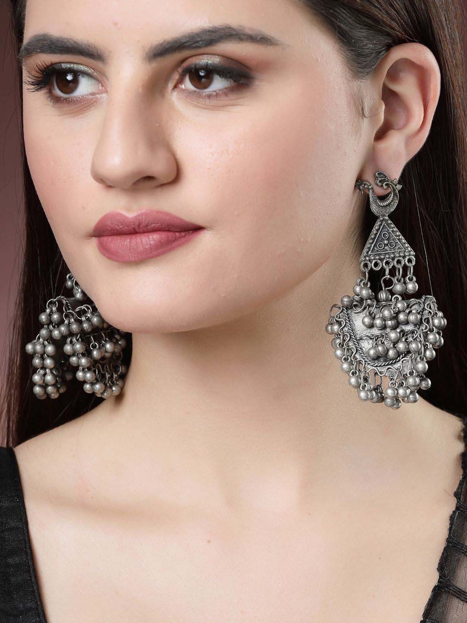 NVR Silver-Plated Oxidized Contemporary Dangler Earrings for Women