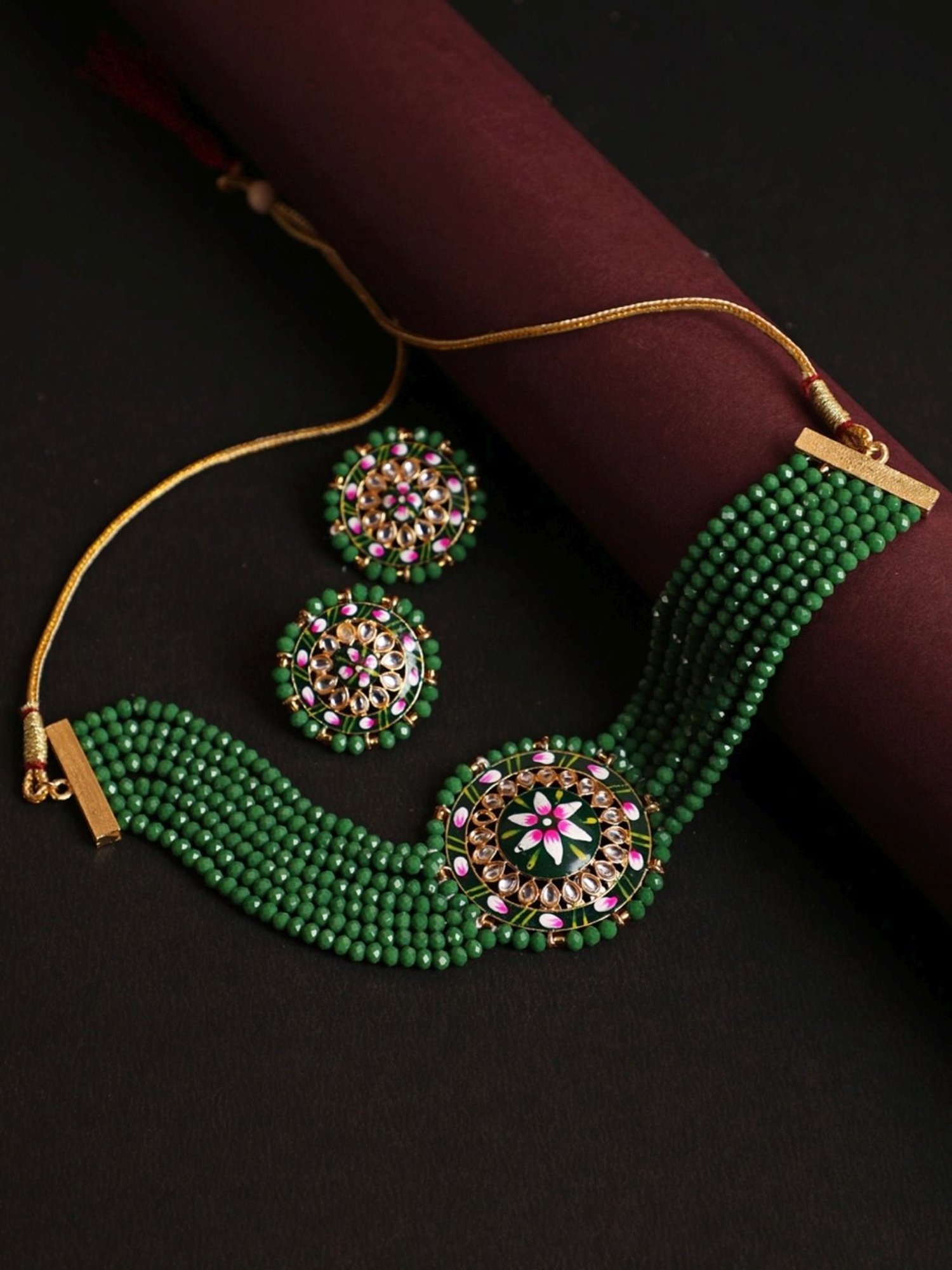 Aatmana Kundan-Studded & Green Beaded Handcrafted Floral Meenakari Necklace Set
