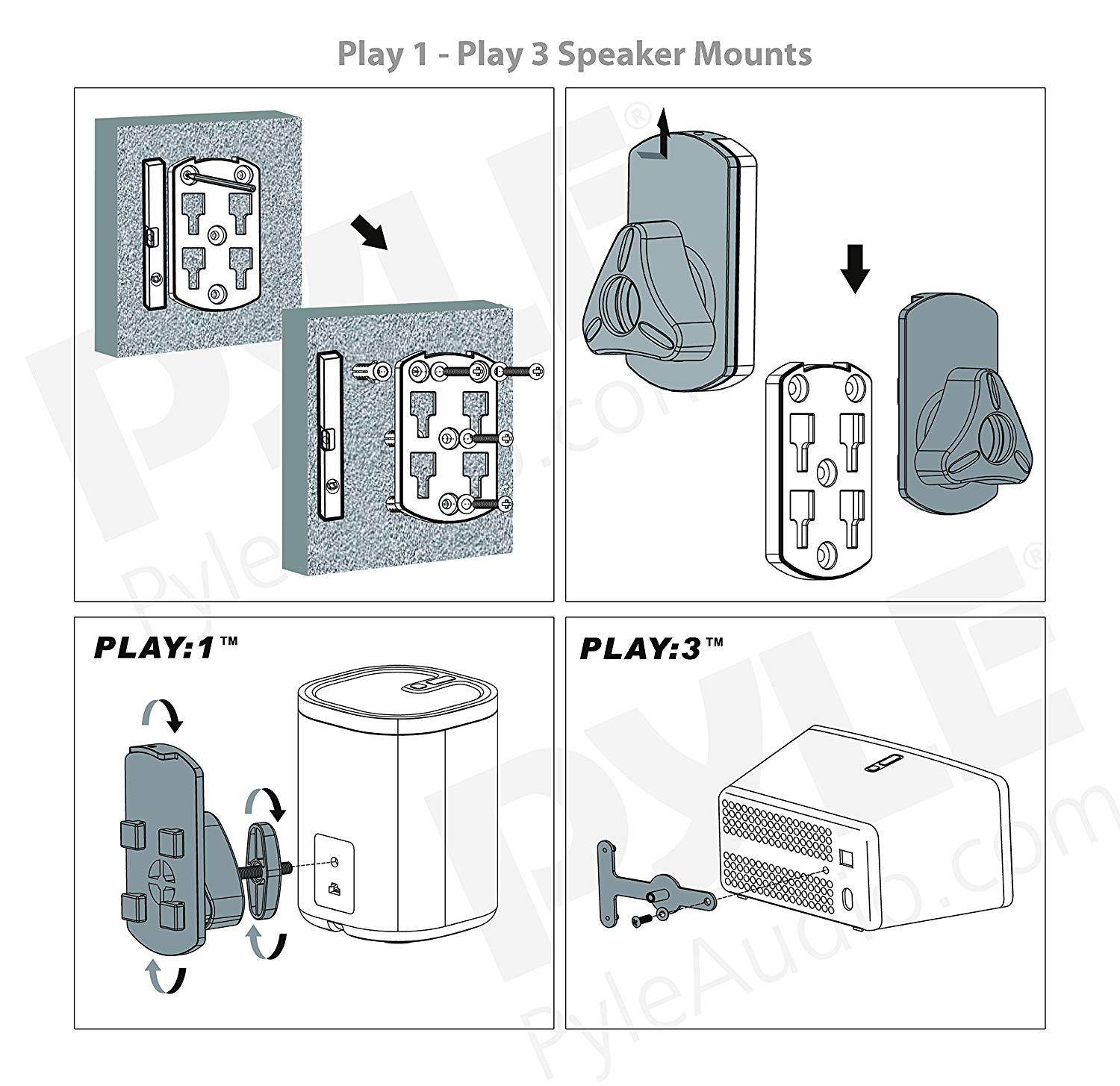 Universal Wall Mount Speaker Stand - Pair of Heavy Duty Steel Metal Home Studio Adjustable Speaker Racks For Sonos PLAY 1, PLAY 3 Wireless, Other Home Theater Surround Sound Speakers - Pyle PSTNDSON08